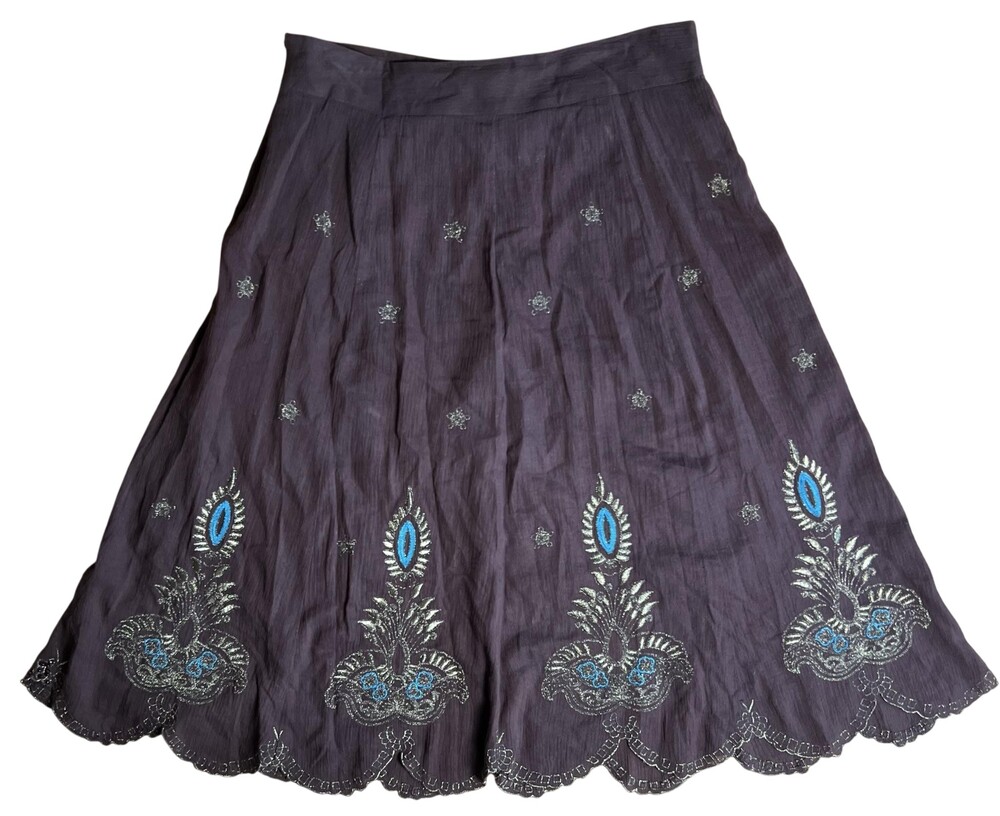 Silkland Skirt Womens 12 Brown Paisley A-Line Midi Embellished Sequined Lined
